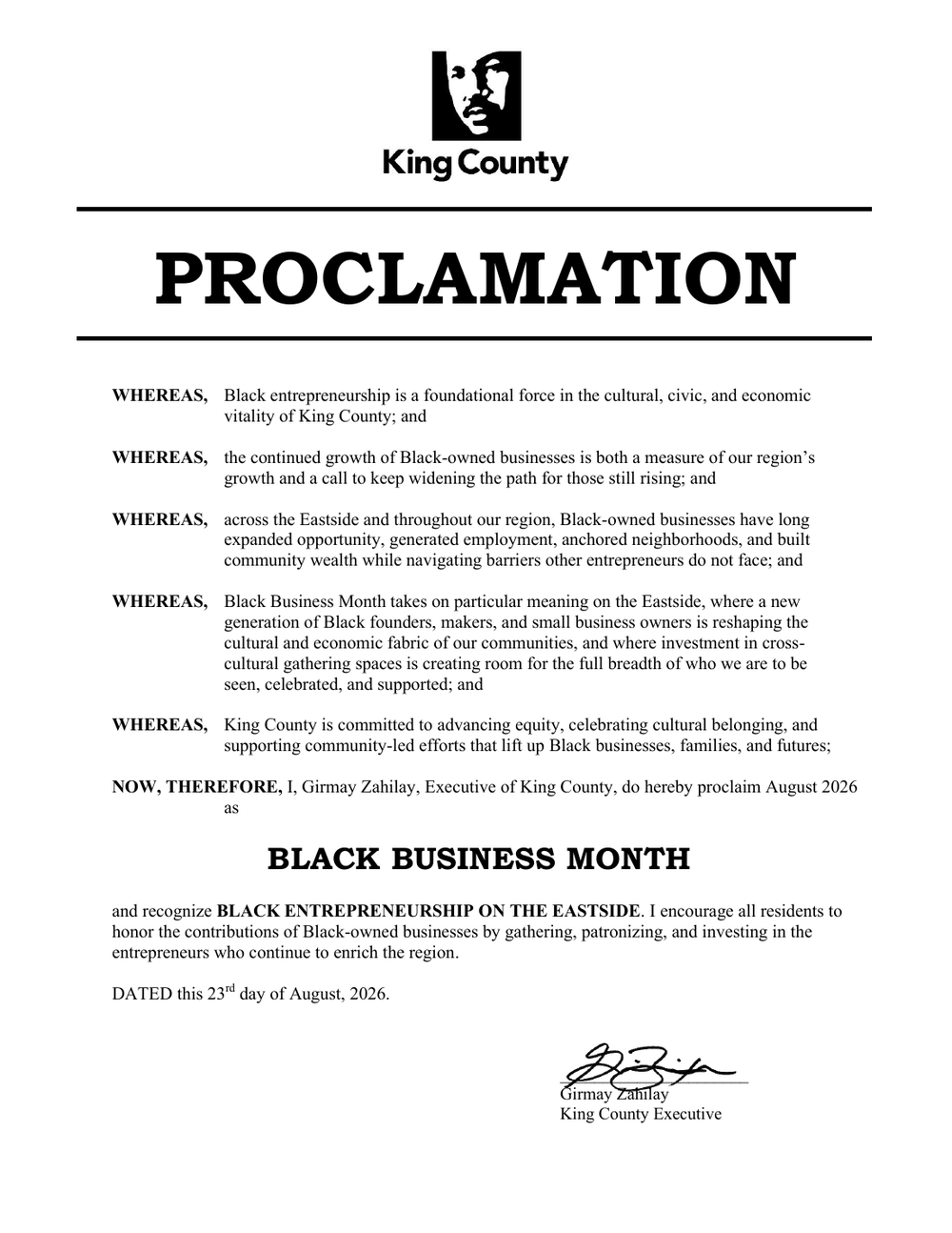 King County proclamation declaring August 2026 Black Business Month and recognizing Black Entrepreneurship on the Eastside, signed by Executive Girmay Zahilay